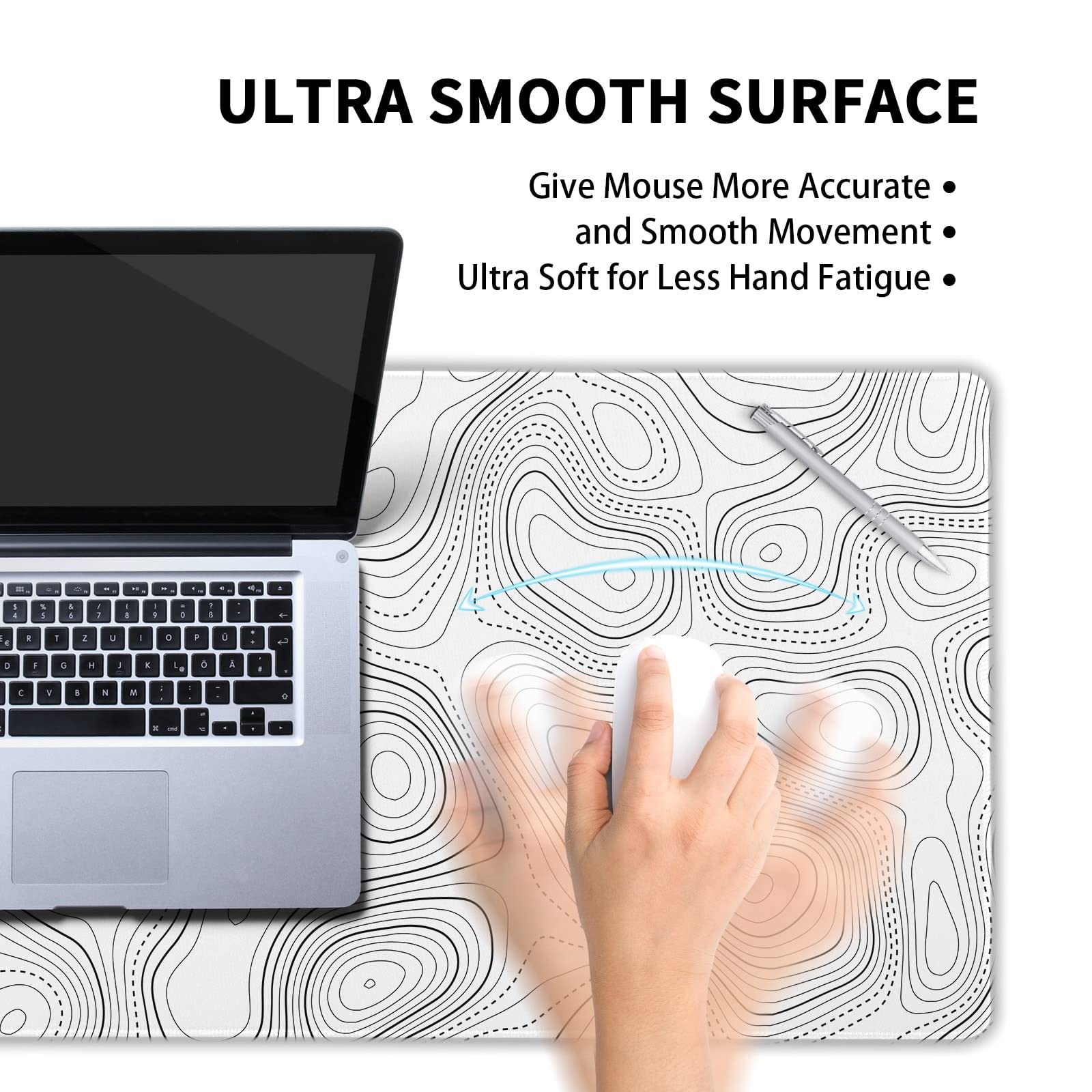 Topographic Contour White Gaming Mouse Pad XXL Geographic Map Lines Extended Big Large Desk Mat