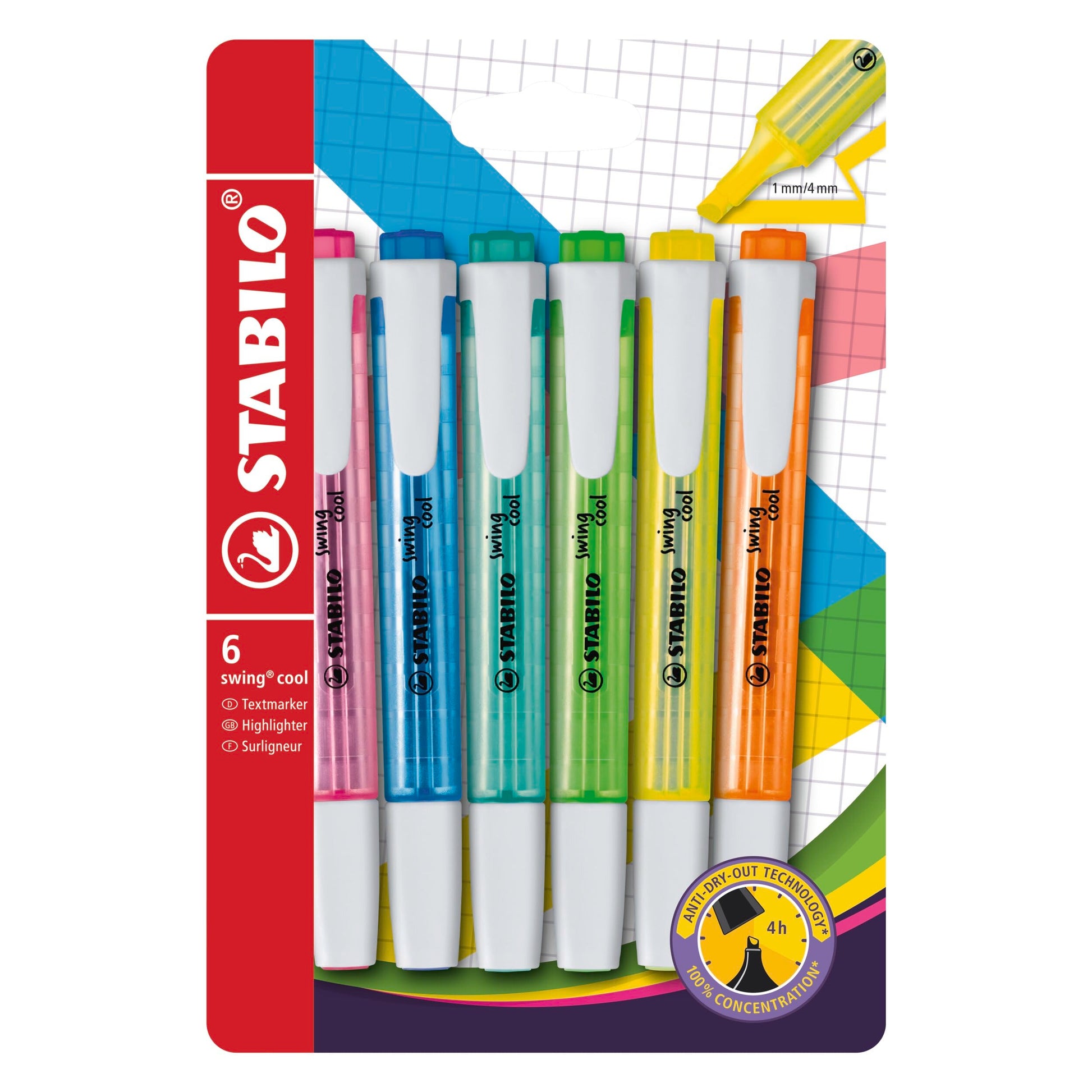 Highlighter - STABILO swing cool - Pack of 6 - Assorted Colors