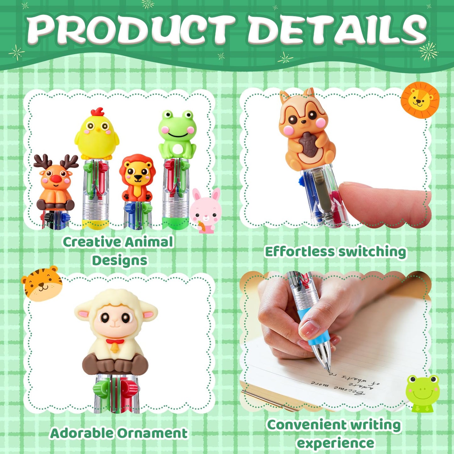 SZCECHRE 48 Pcs Animal Pens Multicolor Pen in One 4-in-1 Cute Pens Bulk for Kids,Ballpoint Pen with