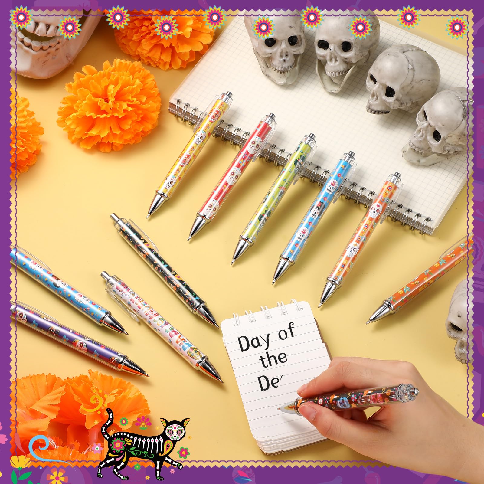 Dispowreath 48 Pcs Day of The Dead Pens Bulk Halloween Sugar Skull Ink Pens Retractable Gel
