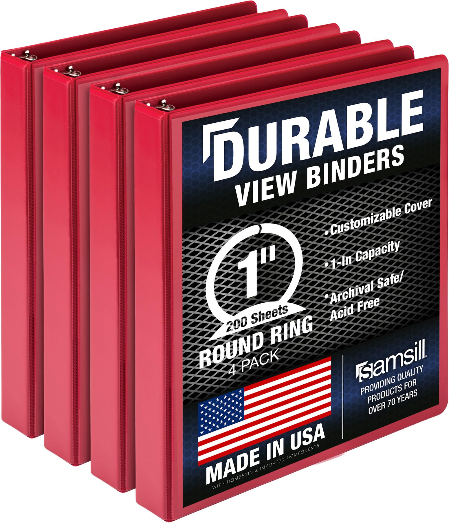Samsill 4 Pack Durable 1 Inch 3 Ring Binders, Round Ring, Clear View Cover for Presentations, Red