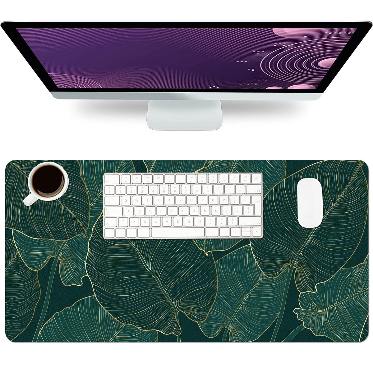 Green Desk Mat, Large PU Leather Desk Pad, Palm Leaves 31.5"x15.7"