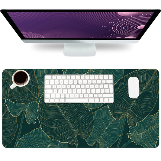 Green Desk Mat, Non-Slip PU Leather Desk Pad, Palm Leaves 23.6"x11.8"