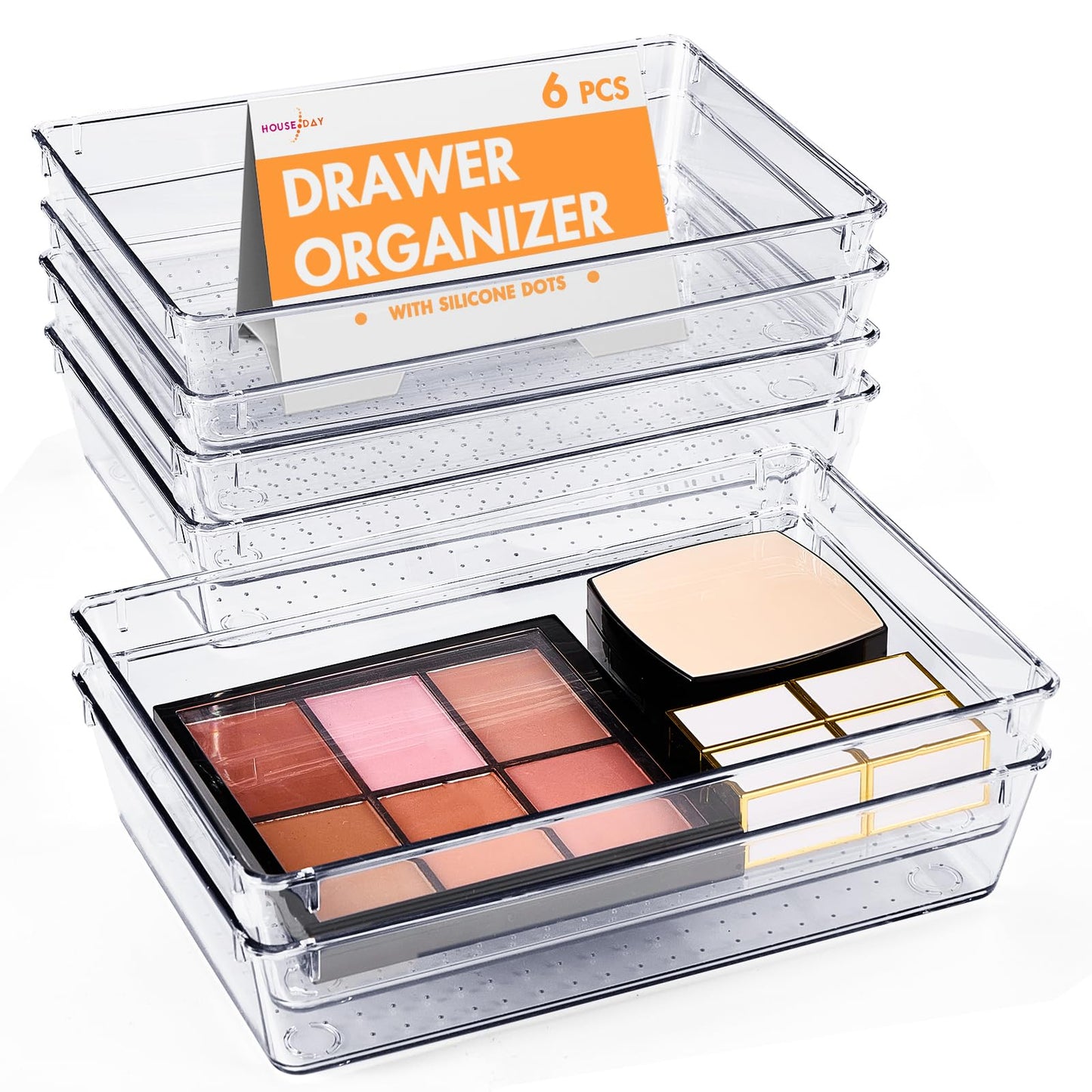 HOUSE DAY Desk Drawer Organizer Bins 6 PCS, 9*6*2" Clear Drawer Organizers with Silicone Pads