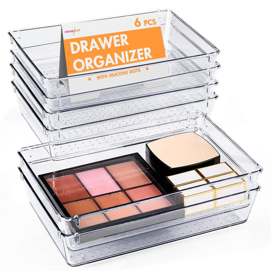 HOUSE DAY Desk Drawer Organizer Bins 6 PCS, 9*6*2" Clear Drawer Organizers with Silicone Pads