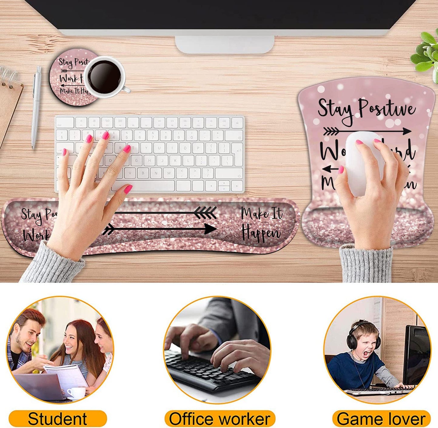 Keyboard Wrist Rest and Mouse Pad Wrist Support Set,Stay Positive Work Hard and Make It Happen Pink