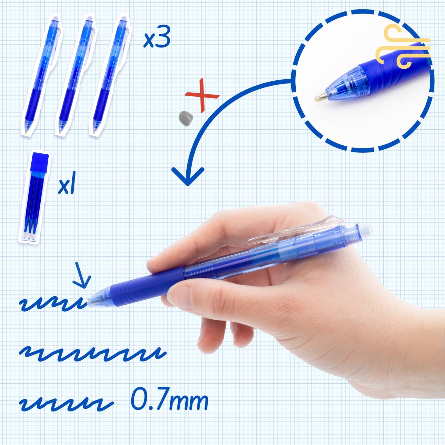 RAYLU PAPER® - Pack of 3 Erasable Retractable Ballpoint Pens and 3 Refills, with Hybrid Gel Ink