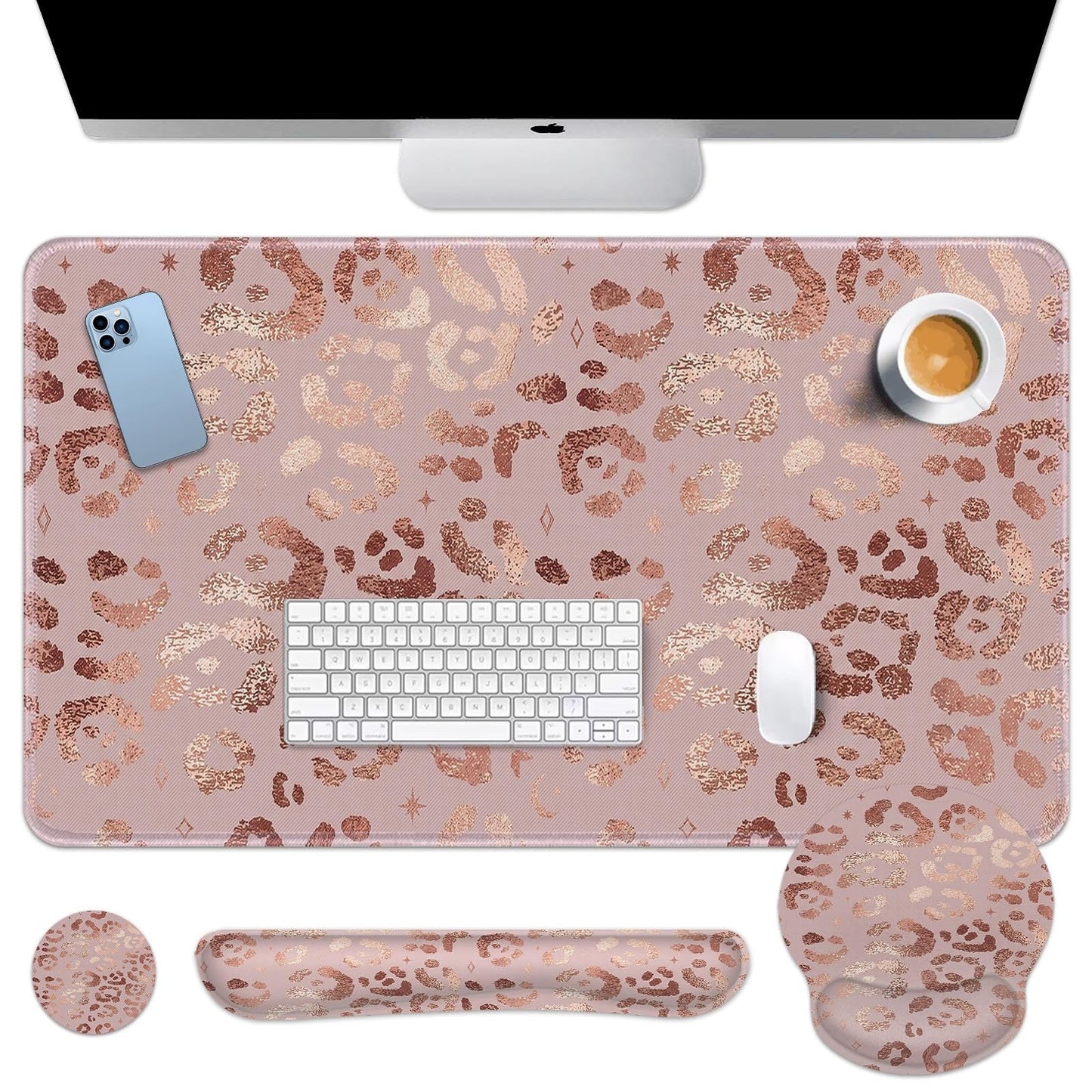 Arttown Keyboard Mouse Pad Set, 4 in 1 Desk Mat Set Leopard Rose