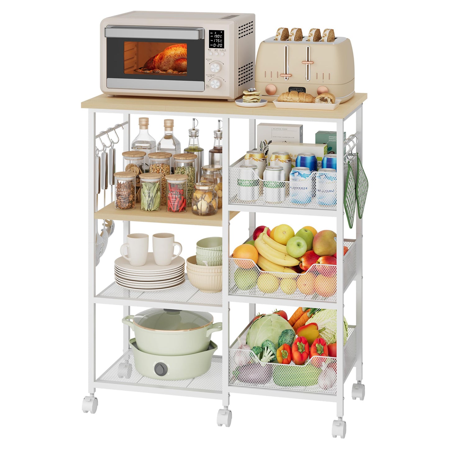HapiRm Rolling Kitchen Carts with Storage - Microwave Table Stand with 6 Hooks & 3 Baskets, kitchen