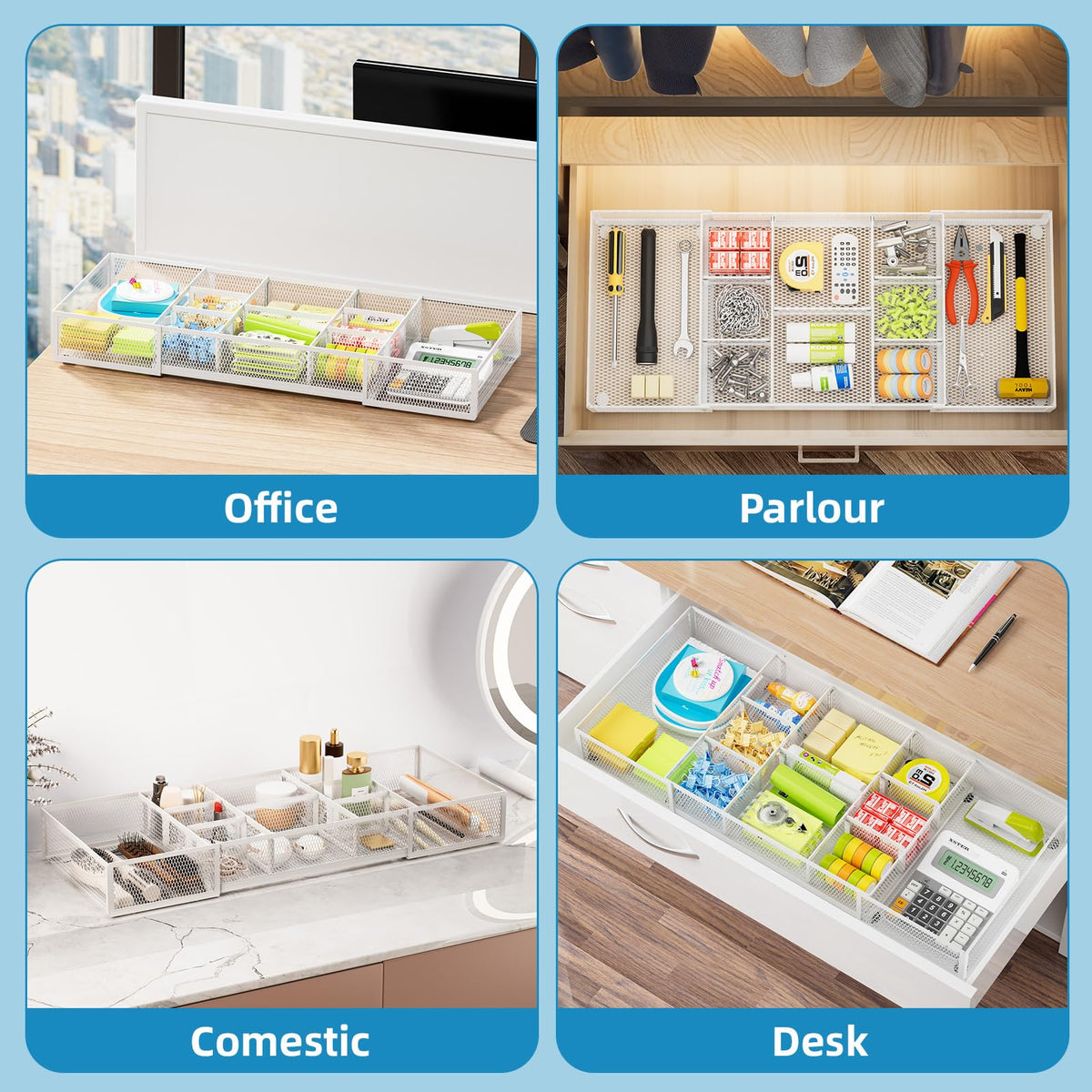 Marbrasse Expandable Desk Drawer Organizer, Mesh Drawer Organizer Tray with 10 Adjustable