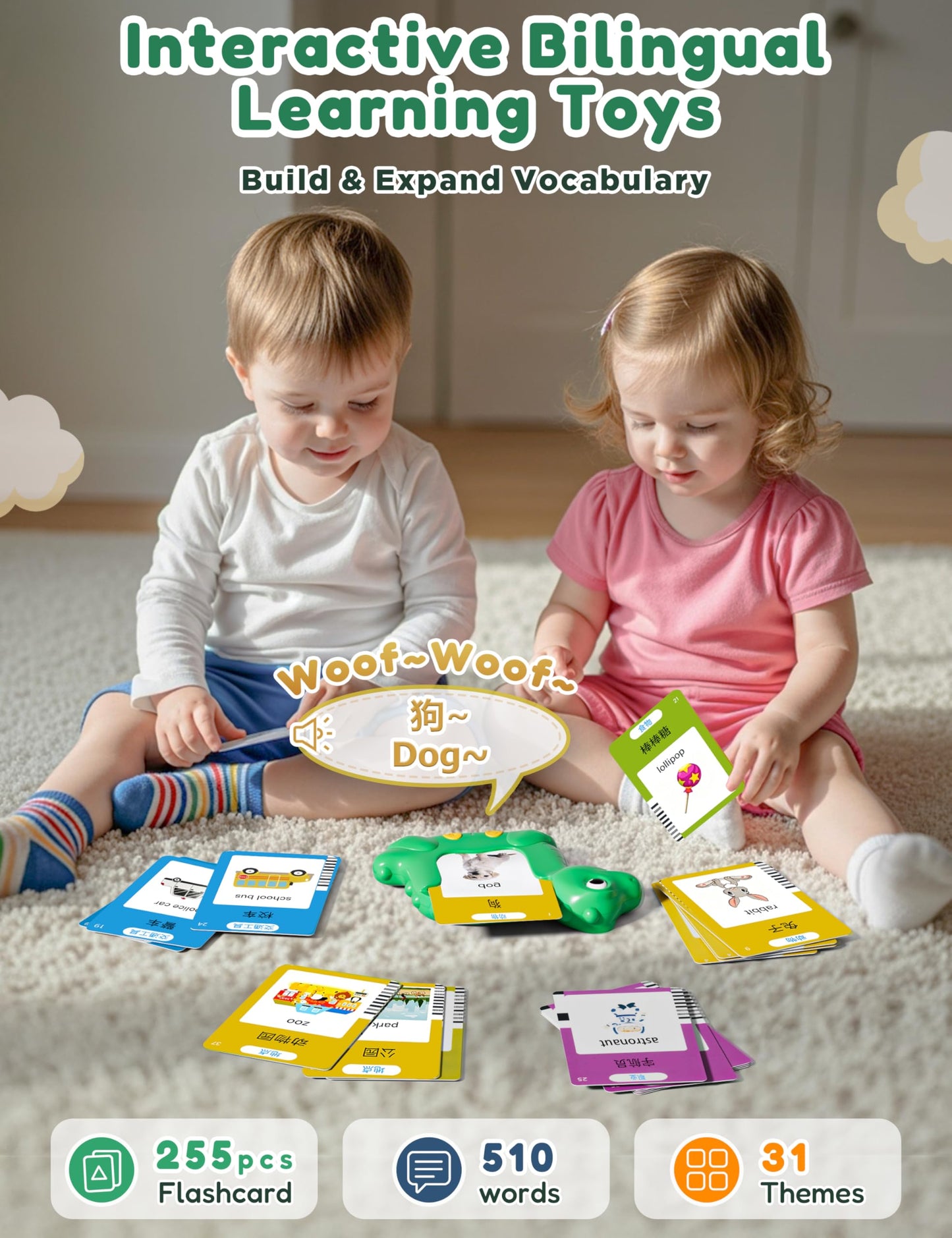 Chinese and English Talking Flash Cards for Kids, 510 Words, Dino Shaped