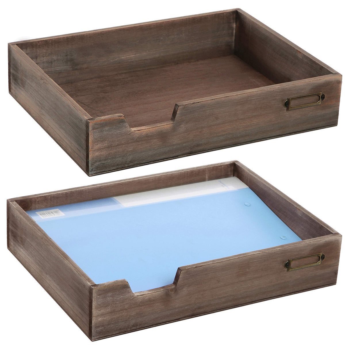 MyGift Set of 2 Vintage Distressed Finish Brown Wood Stackable Office Desktop Document Letter Paper