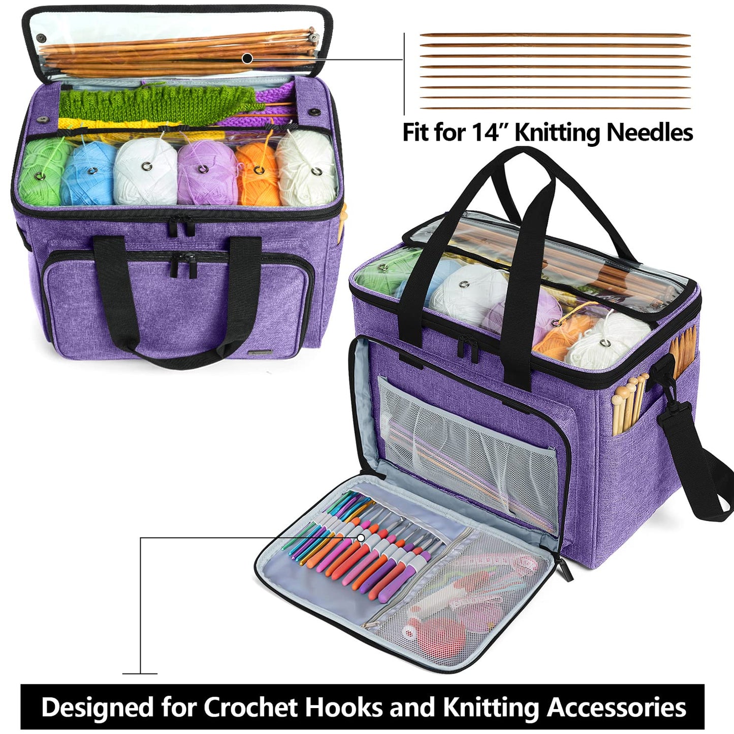 Teamoy Knitting Bag, Yarn Storage Organizer Crochet Bag Tote, Purple