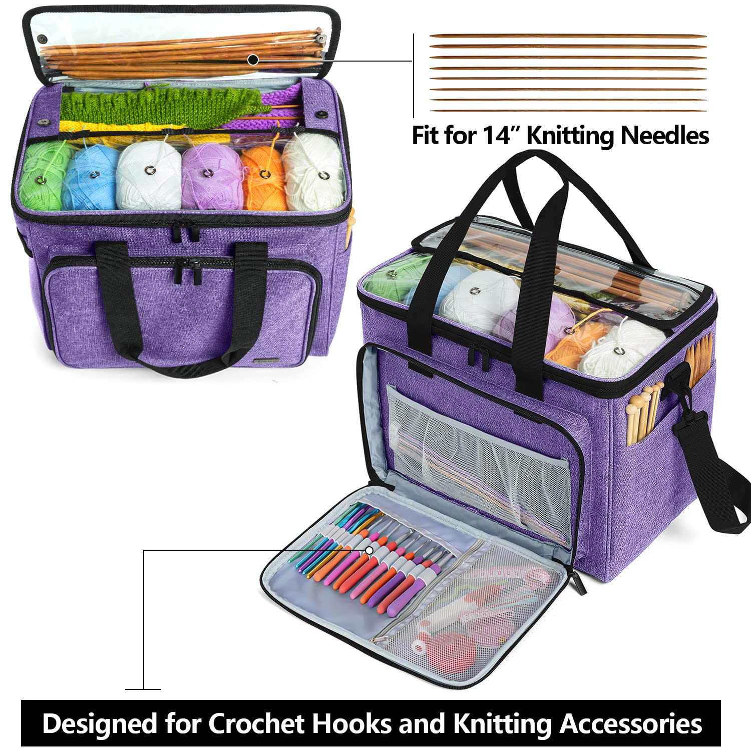 Teamoy Knitting Bag, Yarn Storage Organizer Crochet Bag Tote, Purple