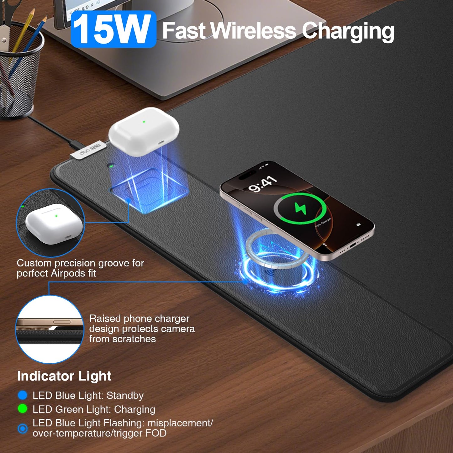 Magnetic Wireless Charging Mouse Pad, 31.5"x15.8" in, Black