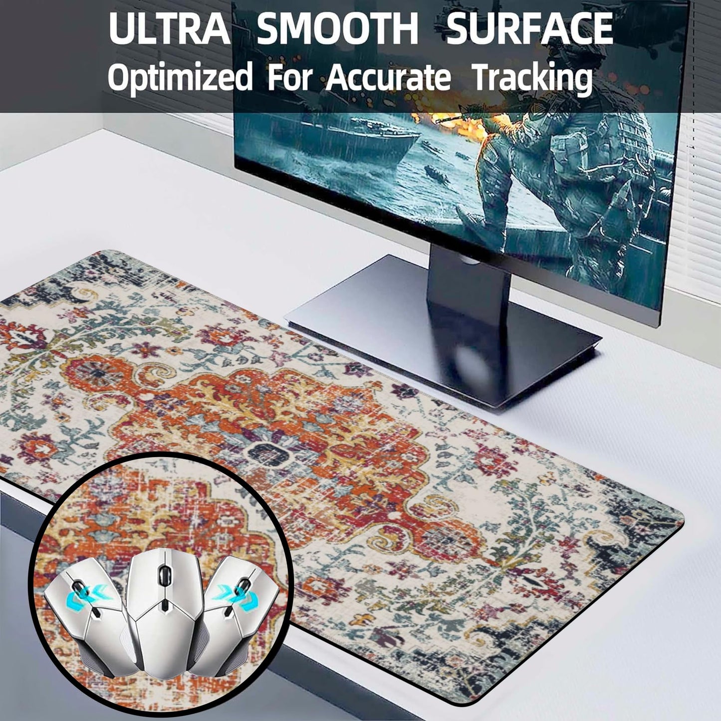 Large Gaming Mouse Pad for Desk,Boho Carpet Style Desk Mat for Desktop,Boho Rug Desk Pad, Extended