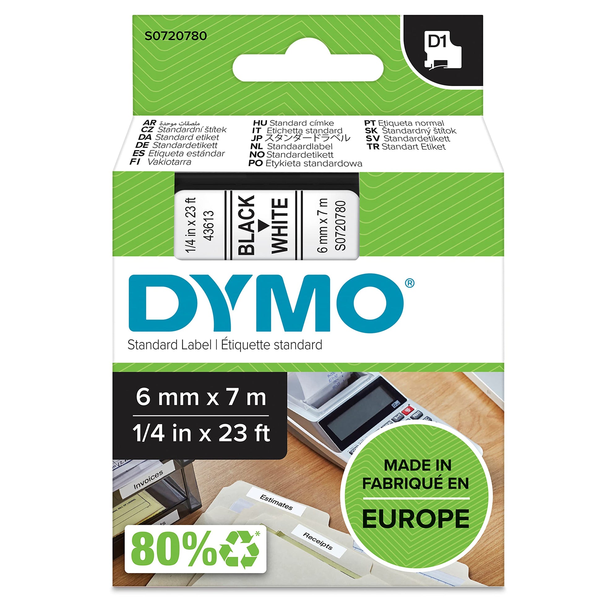 DYMO 43613 D1 Polyester Removable Label Tape, 1/4-Inch x 23 ft, Black on White