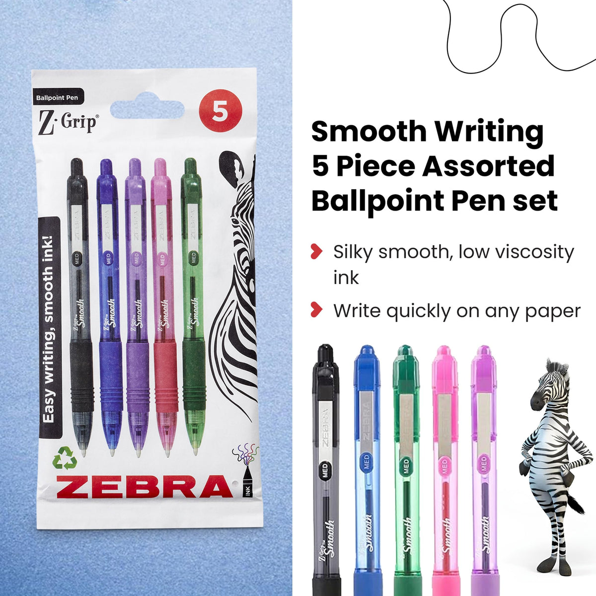 Zebra Pen Z Grip Smooth Multi- Coloured & Black Ballpoint Pens, Smooth & Comfortable Retractable