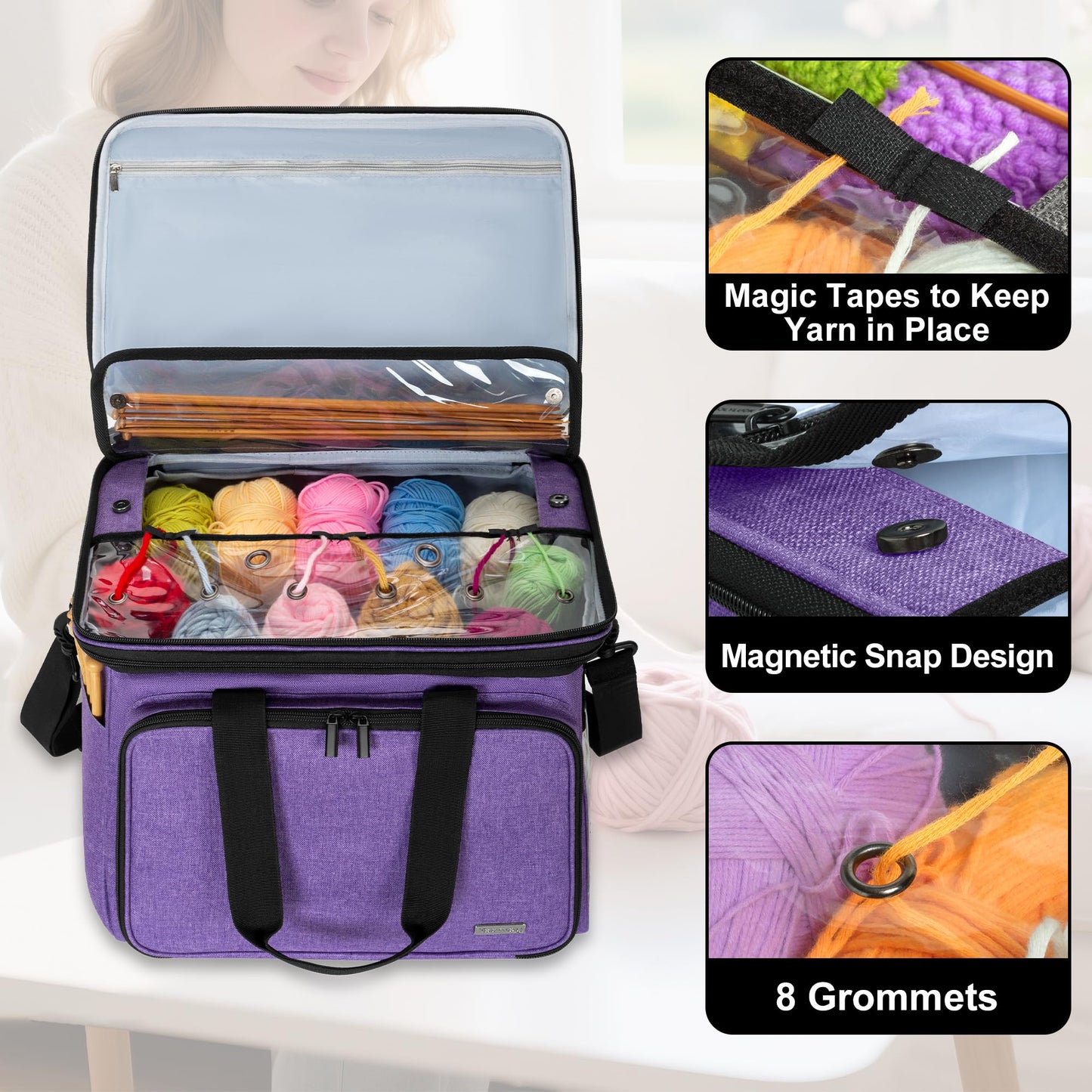 Teamoy Crochet Bag, Knitting Bag Yarn Storage Tote, Yarn Organizer, Purple