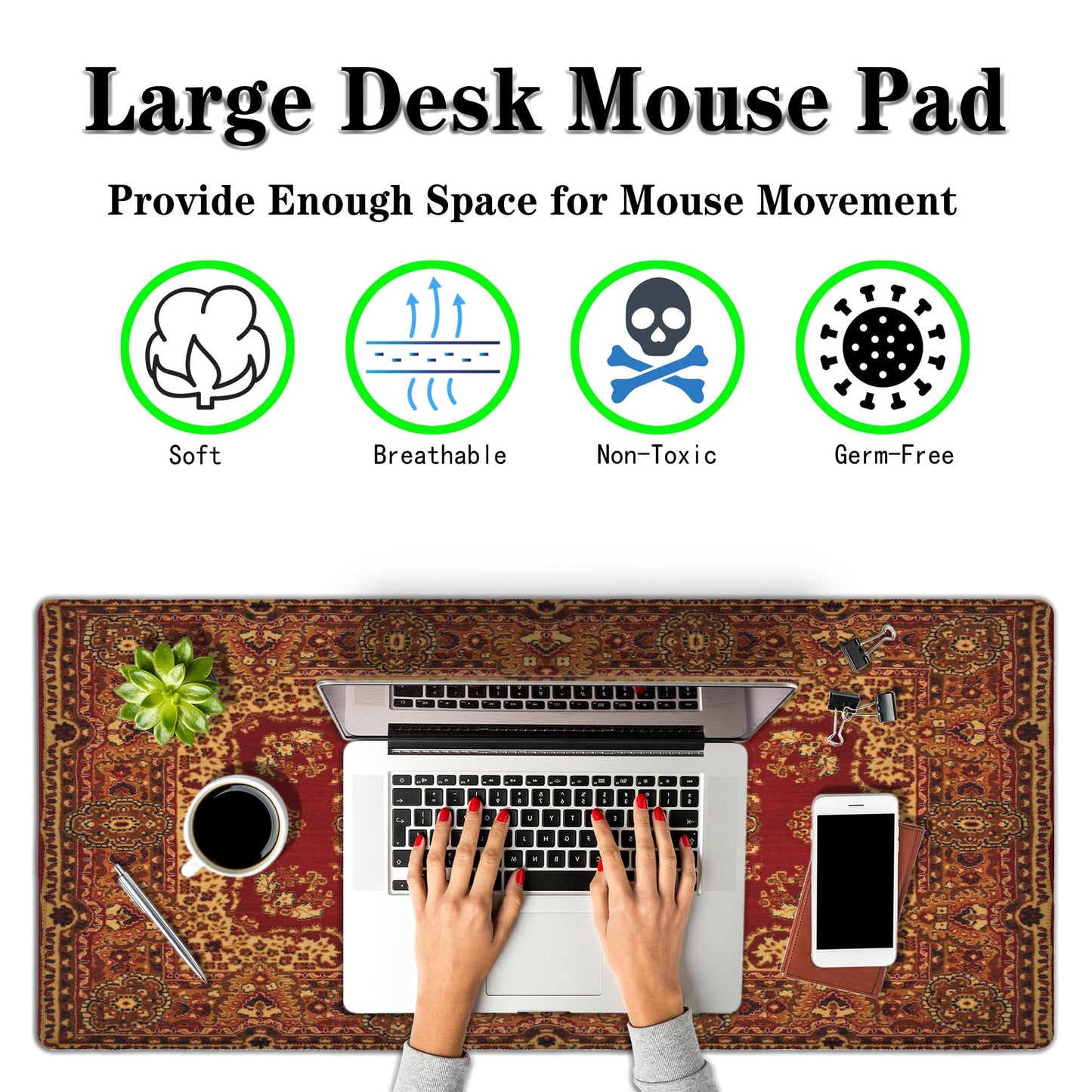 Samgula Gaming Mouse Pad Retro Boho, Large Mousepad Office Desk Mat, Work Desk Mat Non-Slip Rubber
