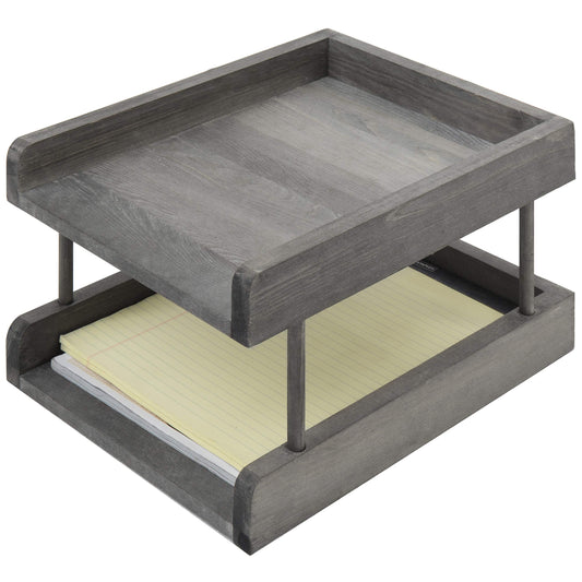 MyGift 2-Tier Rustic Gray Wood Paper File Organizer in and Out Tray/Office Desktop Document Holder