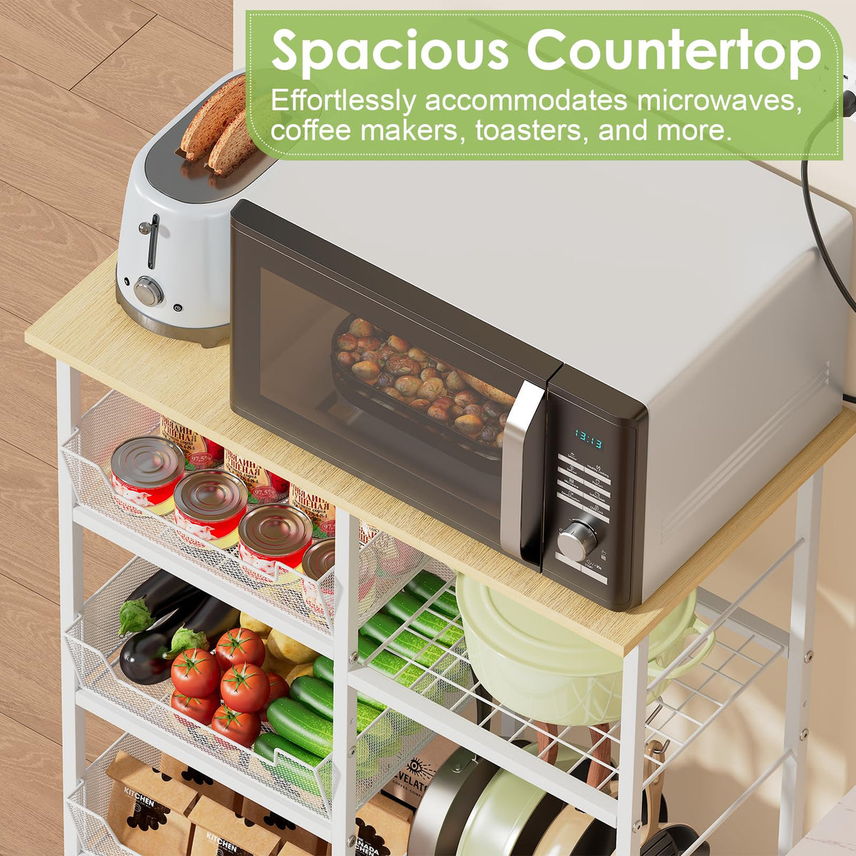 Rolling Kitchen Microwave Organizer Cart, Adjustable Shelves, White