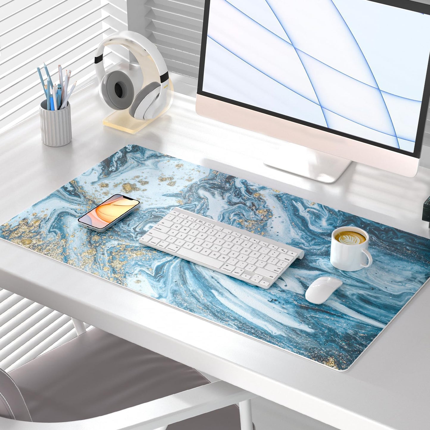 QiyI PU Leather Large Mouse Pad, Office Decor, 31.5" x 15.7", Blue Marble