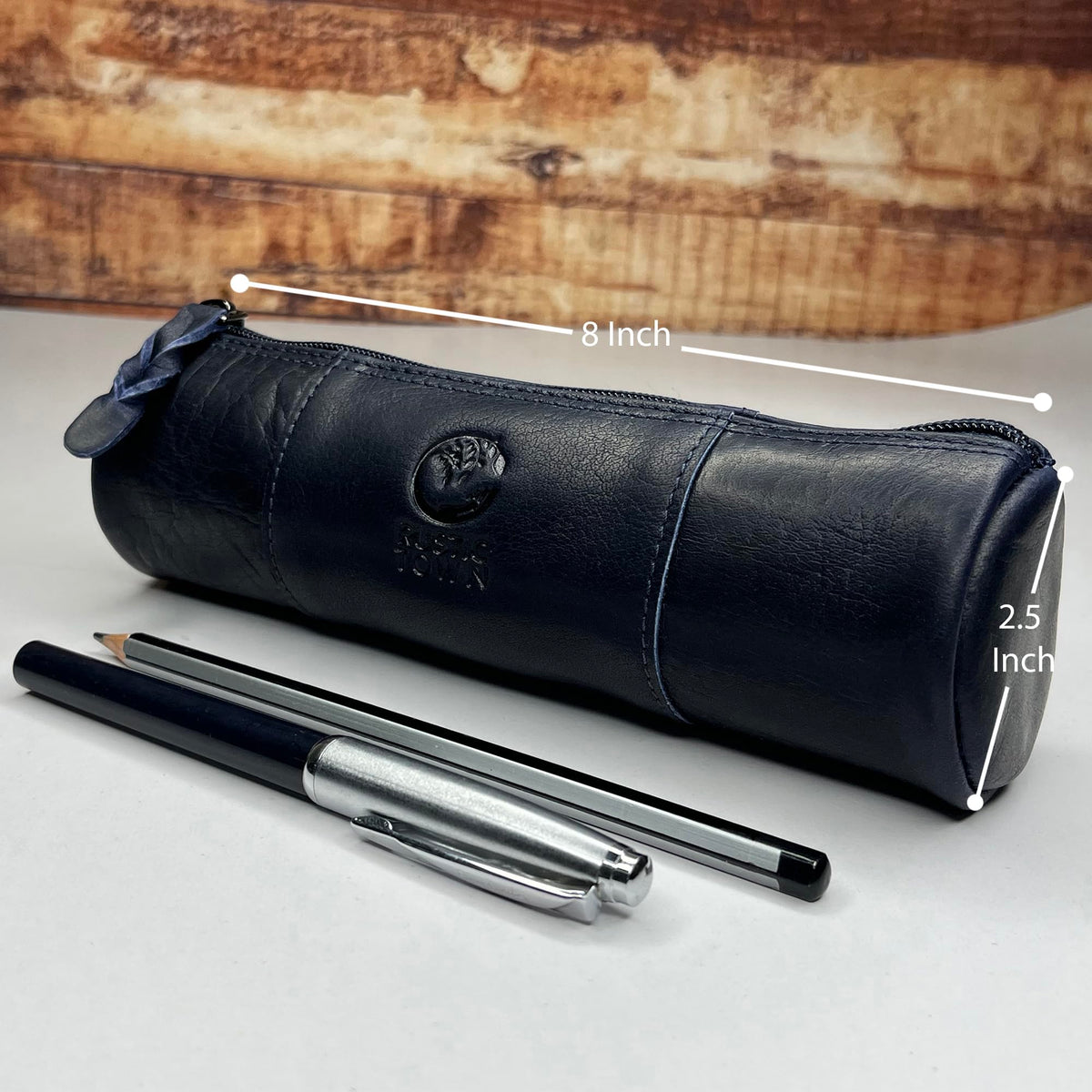 Rustic Town Leather Pencil Case - Full Grain Leather Zippered Pen Pouch - Stationery Bag Pen Holder