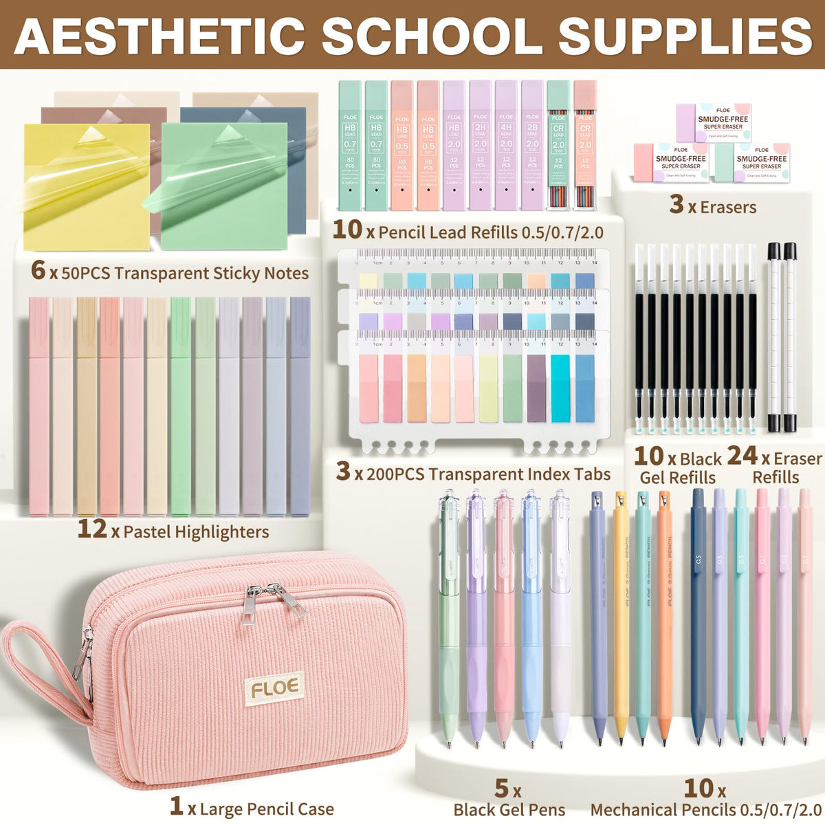 62PCS Aesthetic School Supplies Cute Back to School Supplies Stationary Set