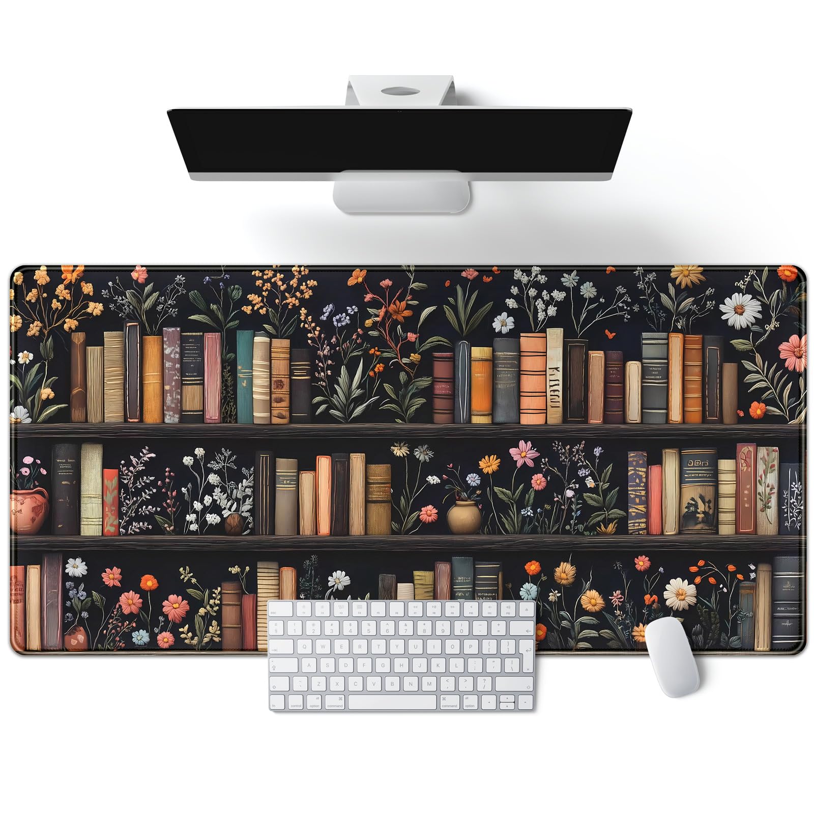 Bookish Desk Mat Floral Bookshelf Desk Pad Faux Embroidery Large Mouse Pad XXL Book Lovers Gift