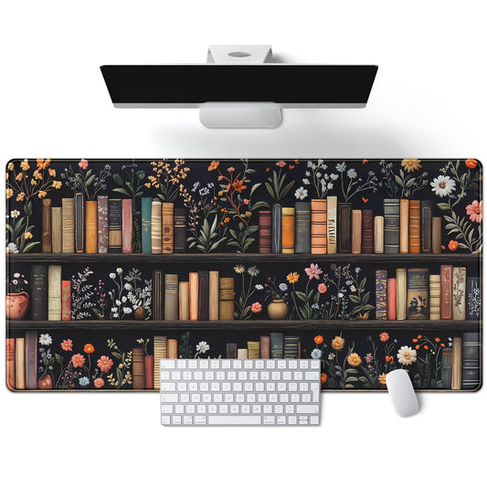Bookish Desk Mat Floral Bookshelf Desk Pad Faux Embroidery Large Mouse Pad XXL Book Lovers Gift