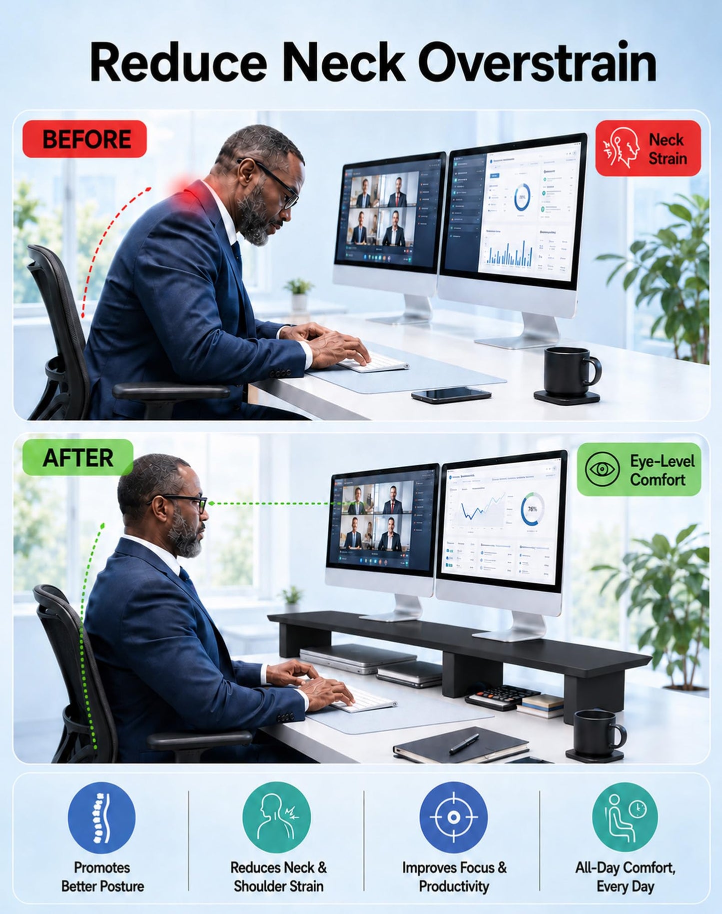 Aothia 43 in Black Solid Wood Dual Monitor Stand, Monitor Riser for Desk