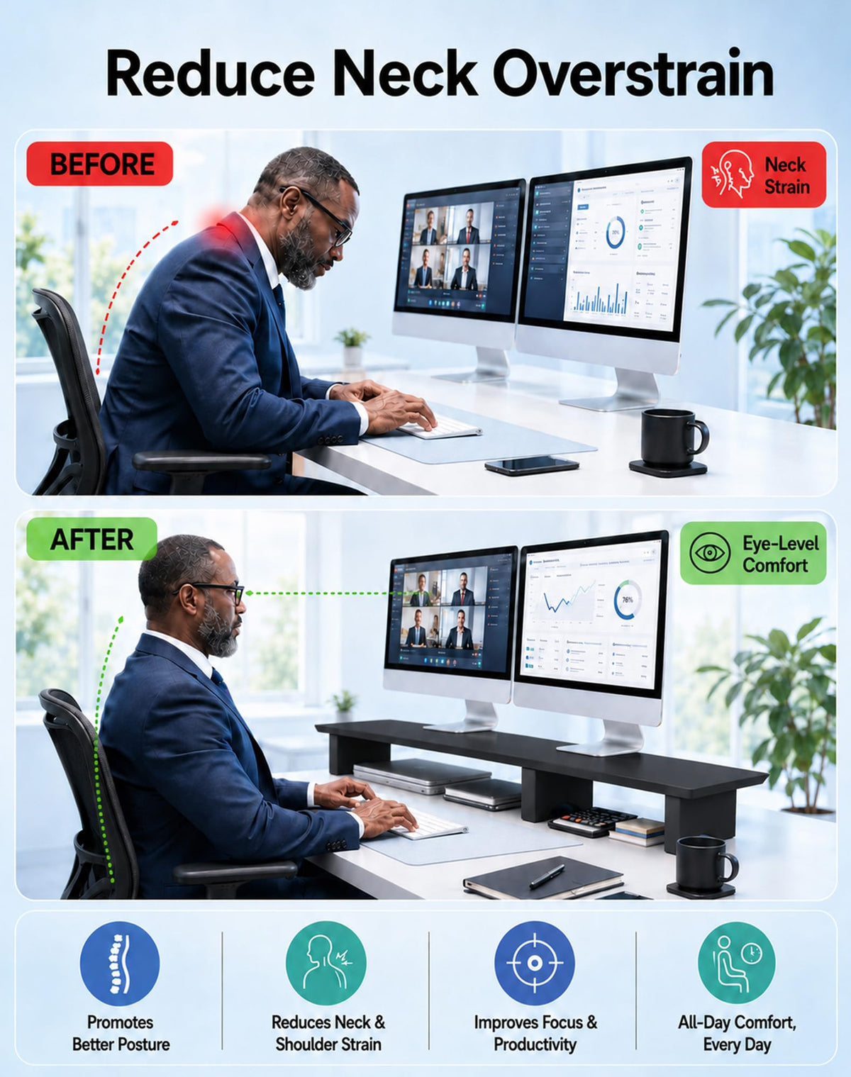 Aothia 43 in Black Solid Wood Dual Monitor Stand, Monitor Riser for Desk