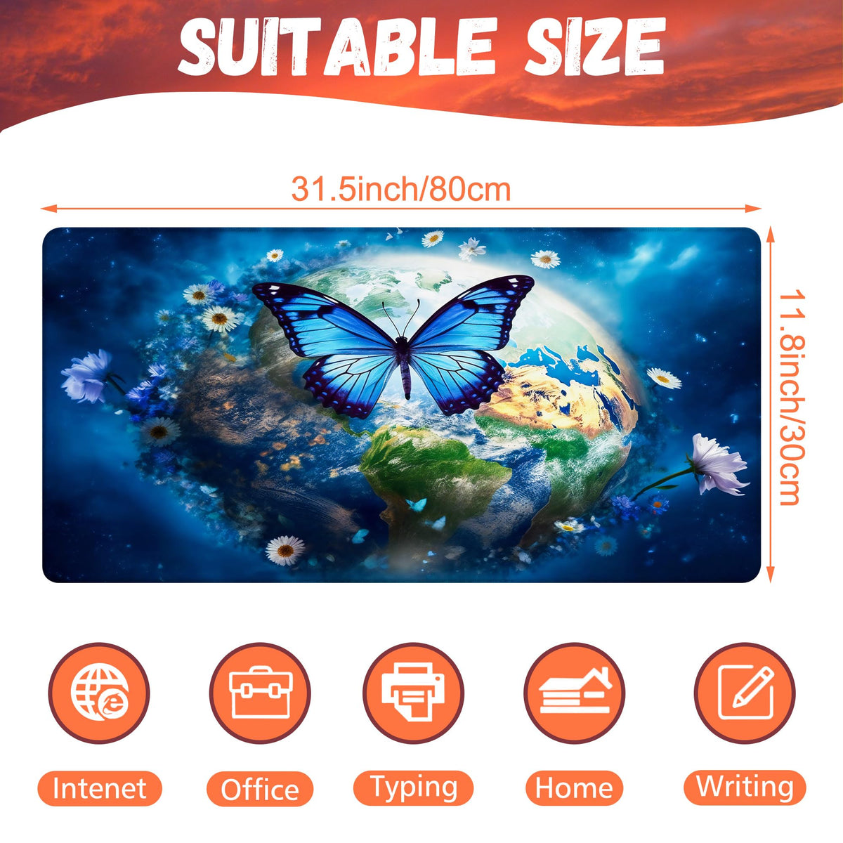 KOAIWPAE Desk Mat, Earth Surrounded by Flowers Desk Pad, Blue Butterfly Large Gaming Mouse Pad