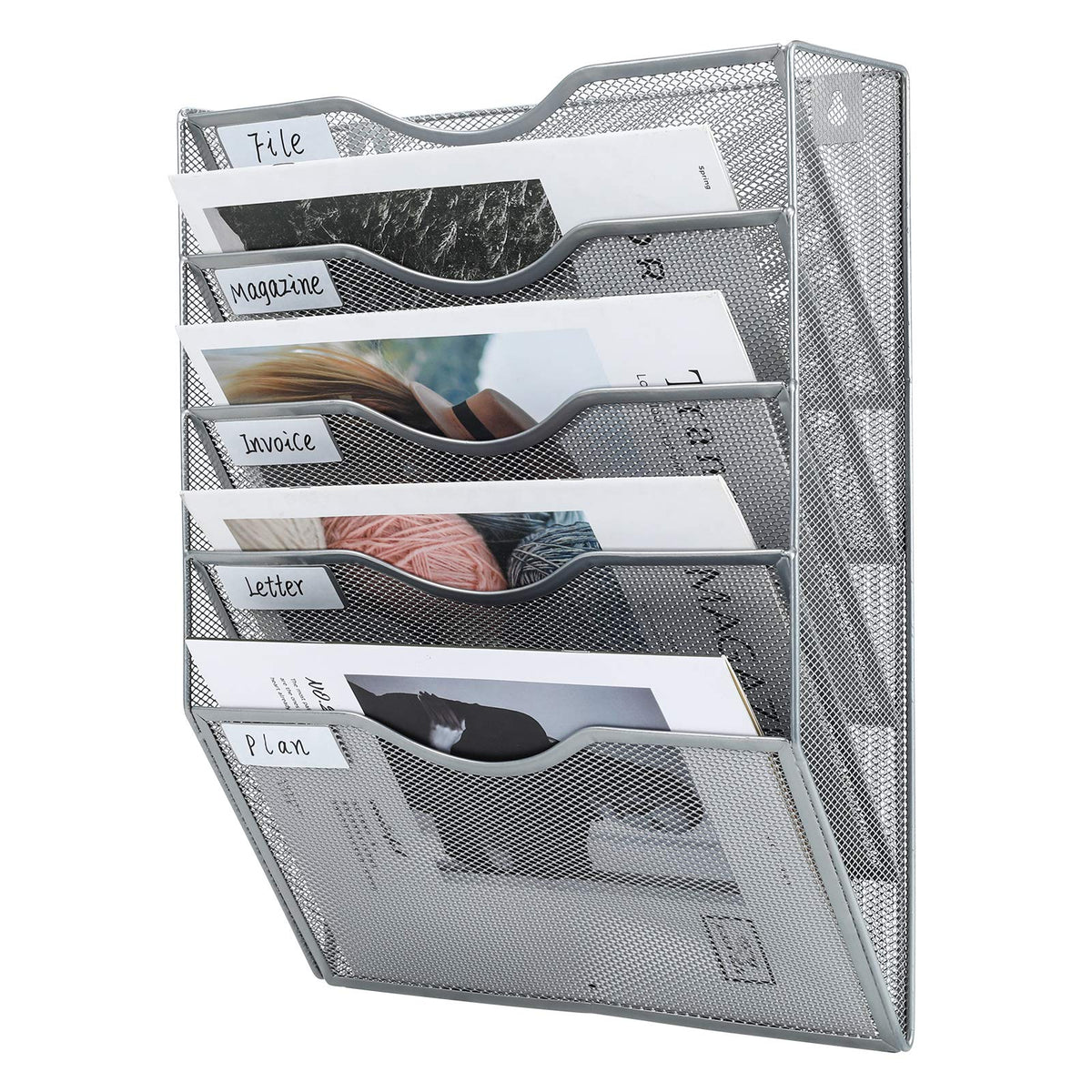 PAG-Mass Hanging Wall File Holder Mail Organizer Wall Mount Document Letter Rack, 5-Tier, Silver