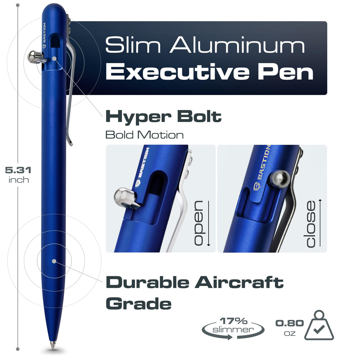 BASTION Bolt Action Pen, Aluminum Royal Blue Slim, HyperBolt EDC Pen, Refillable Metal Writing Pen