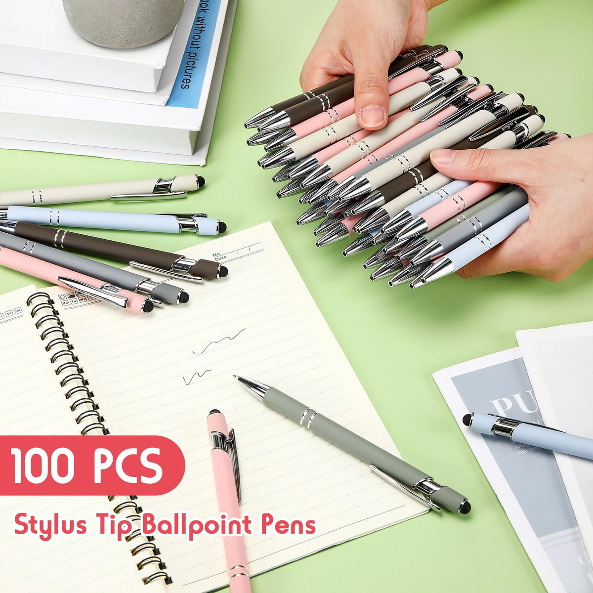 Yeaqee 100 Pieces Ballpoint Pen Bulk with Stylus Tip Click, Mixed Colors