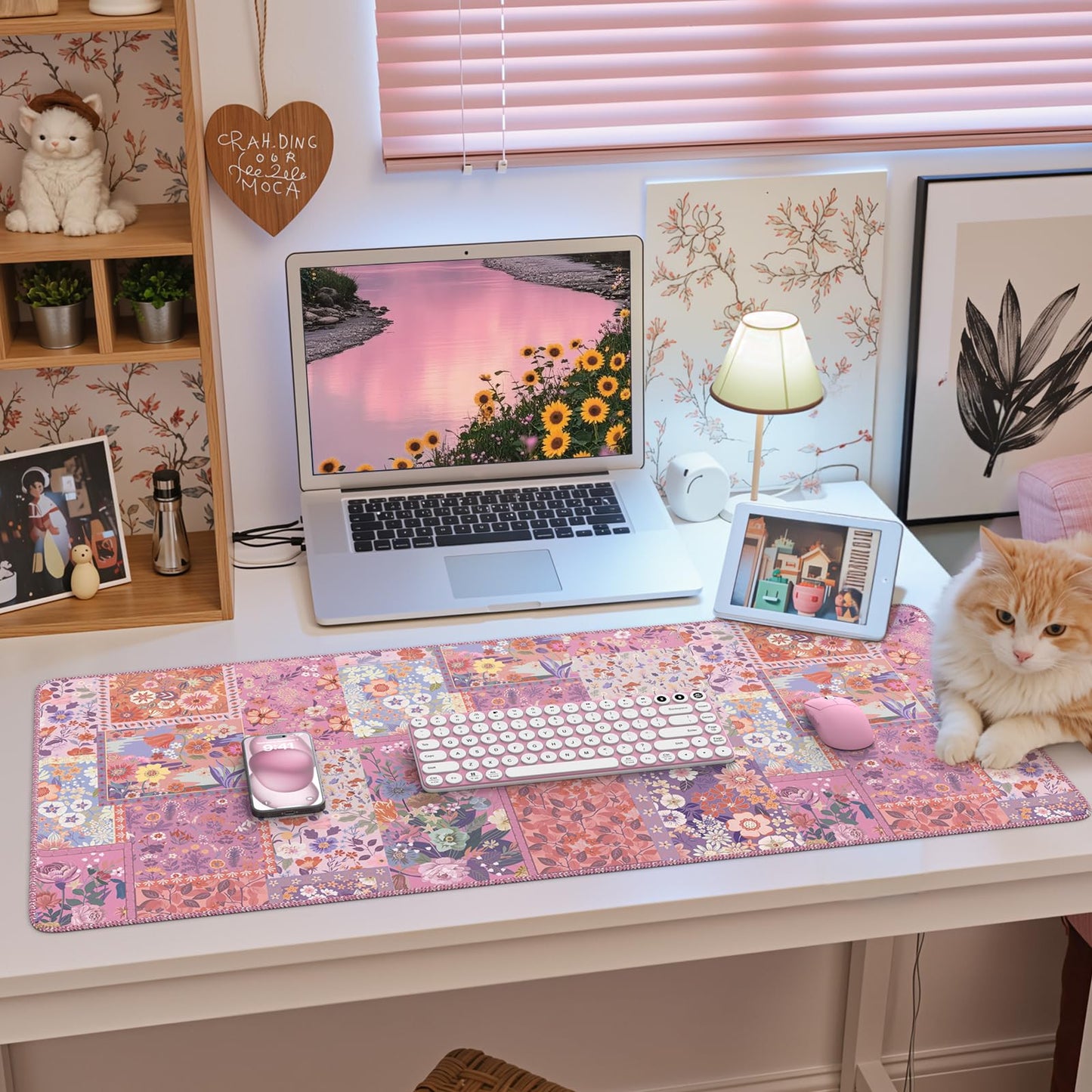 HAOCOO Cute Rose Desk Pad, Pink Floral Mouse Mat for Office Supplies