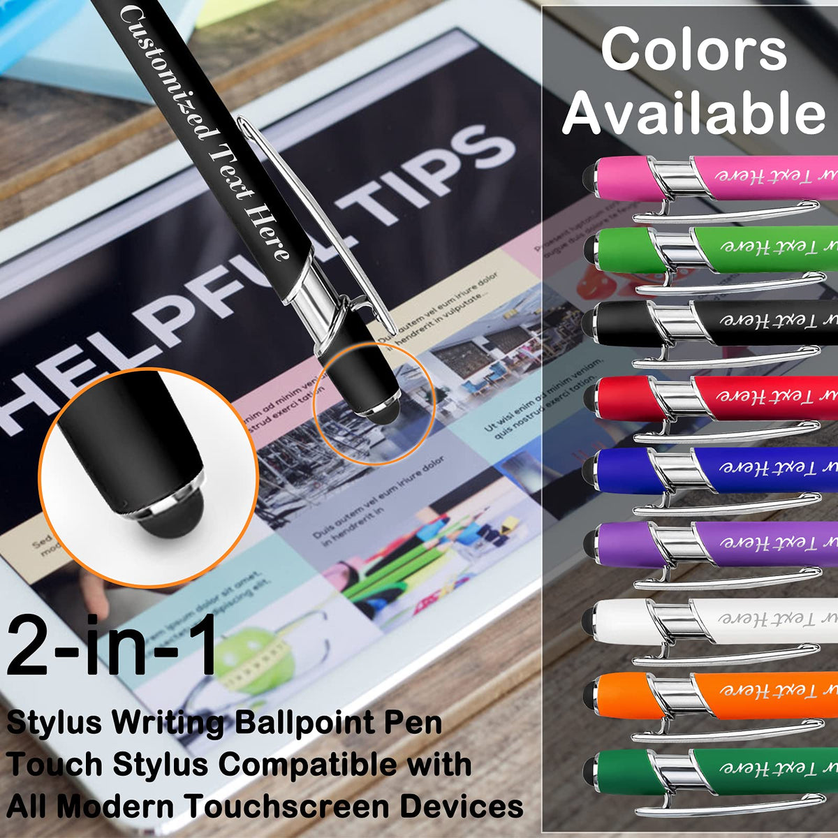 10 Pcs Personalized Pens in Bulk with Stylus Tip - Custom Print with Name 0.5 mm Soft Touch Medium