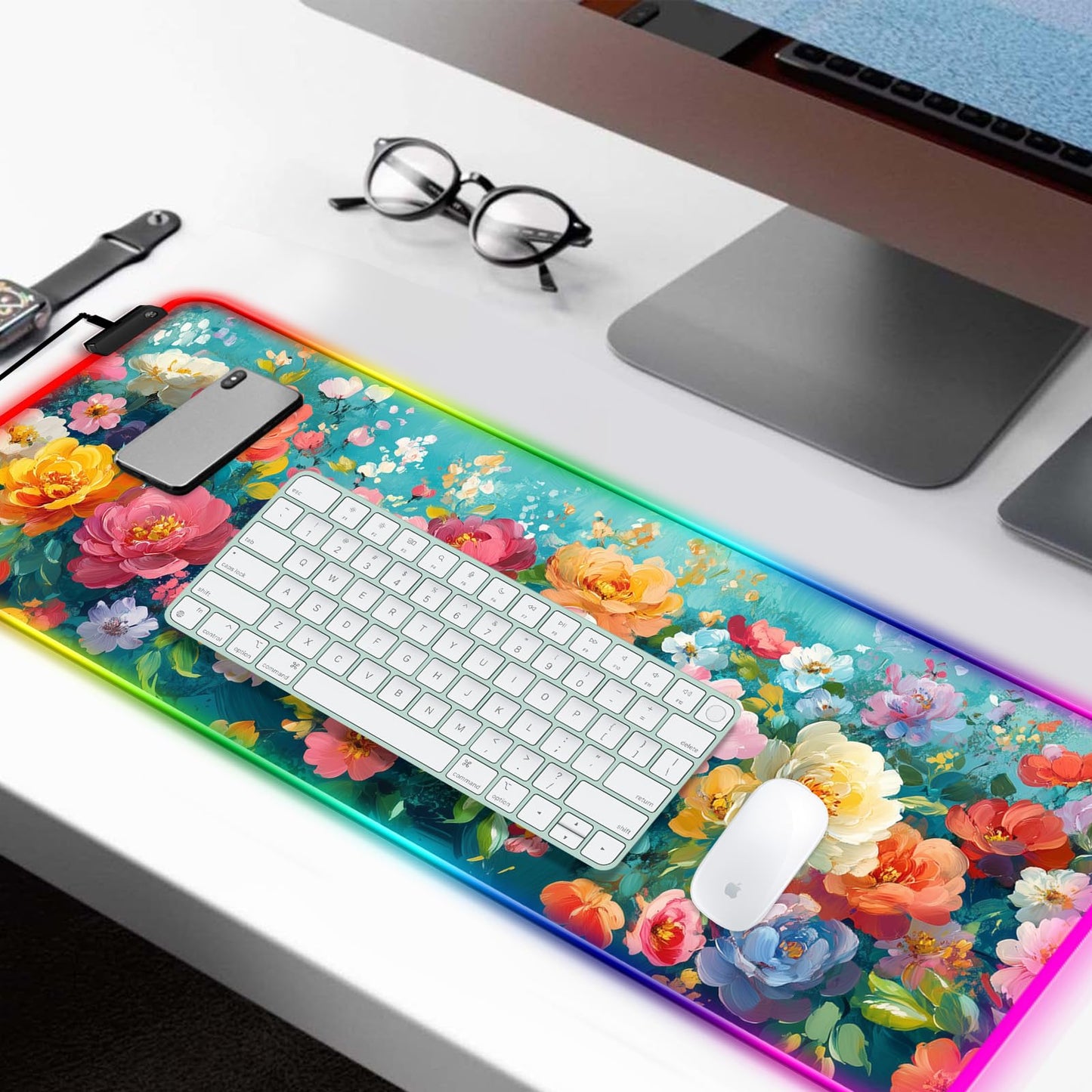 JIANG100 RGB Colorful Flower Peony Gaming Desk Mat & Floral Mouse Pad, XL
