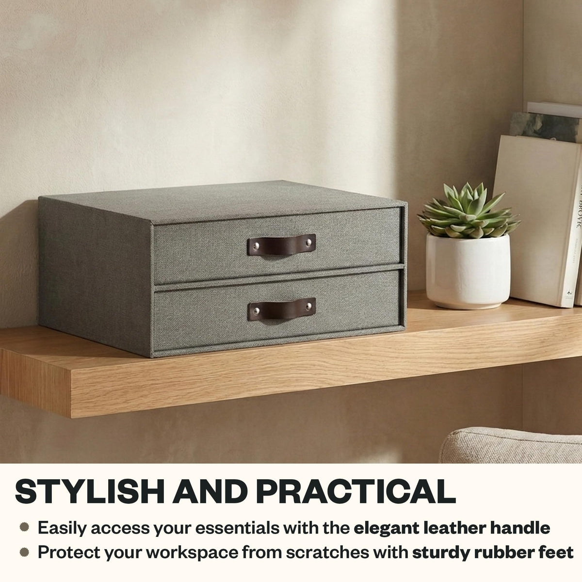 Bigso Birger 2-Drawer Canvas Fiberboard Easy Pull Handle Document Letter Box | Desktop Drawers for