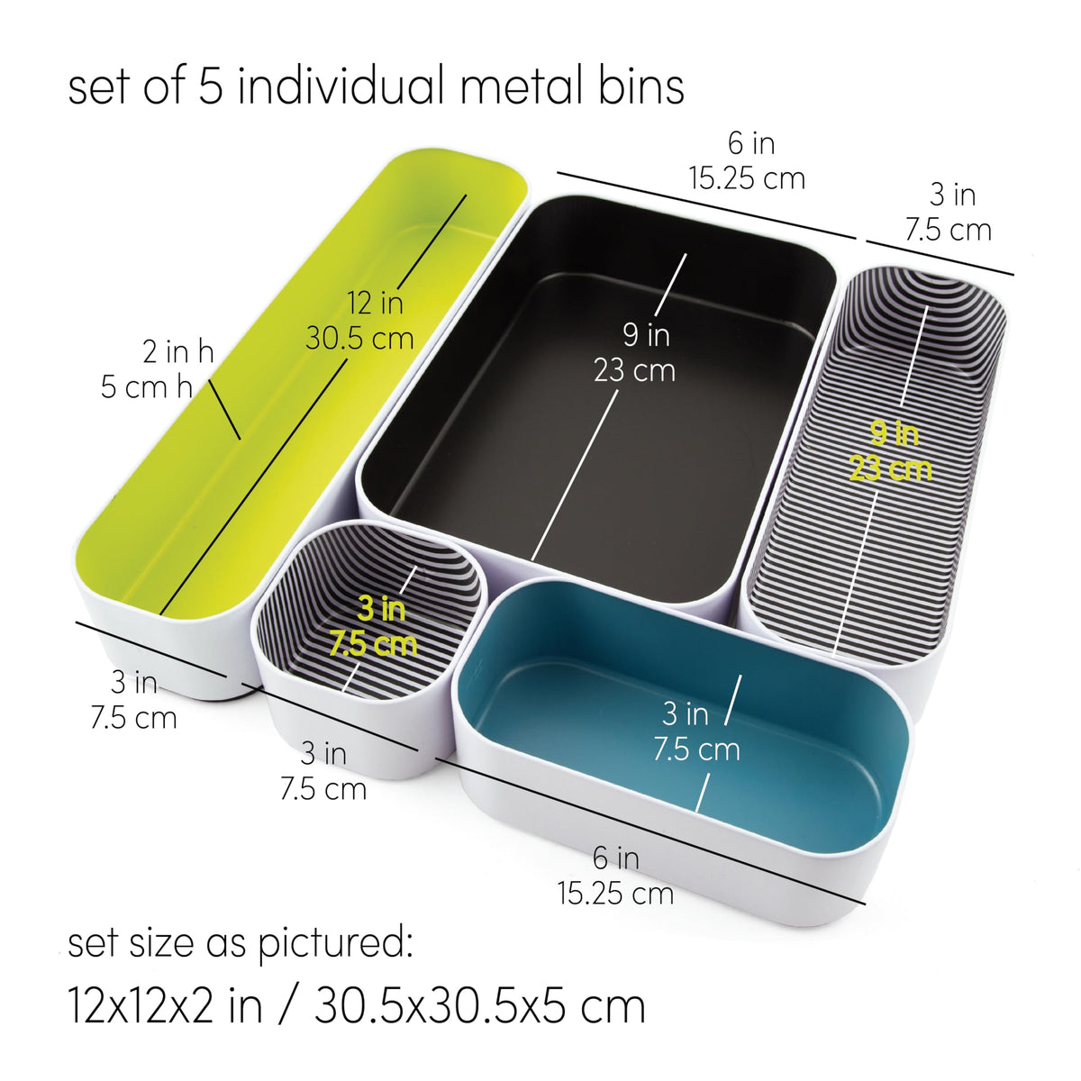 Three by Three Seattle Metal Drawer Organizer Tray Set, 5-Pc, 2" (Assorted)
