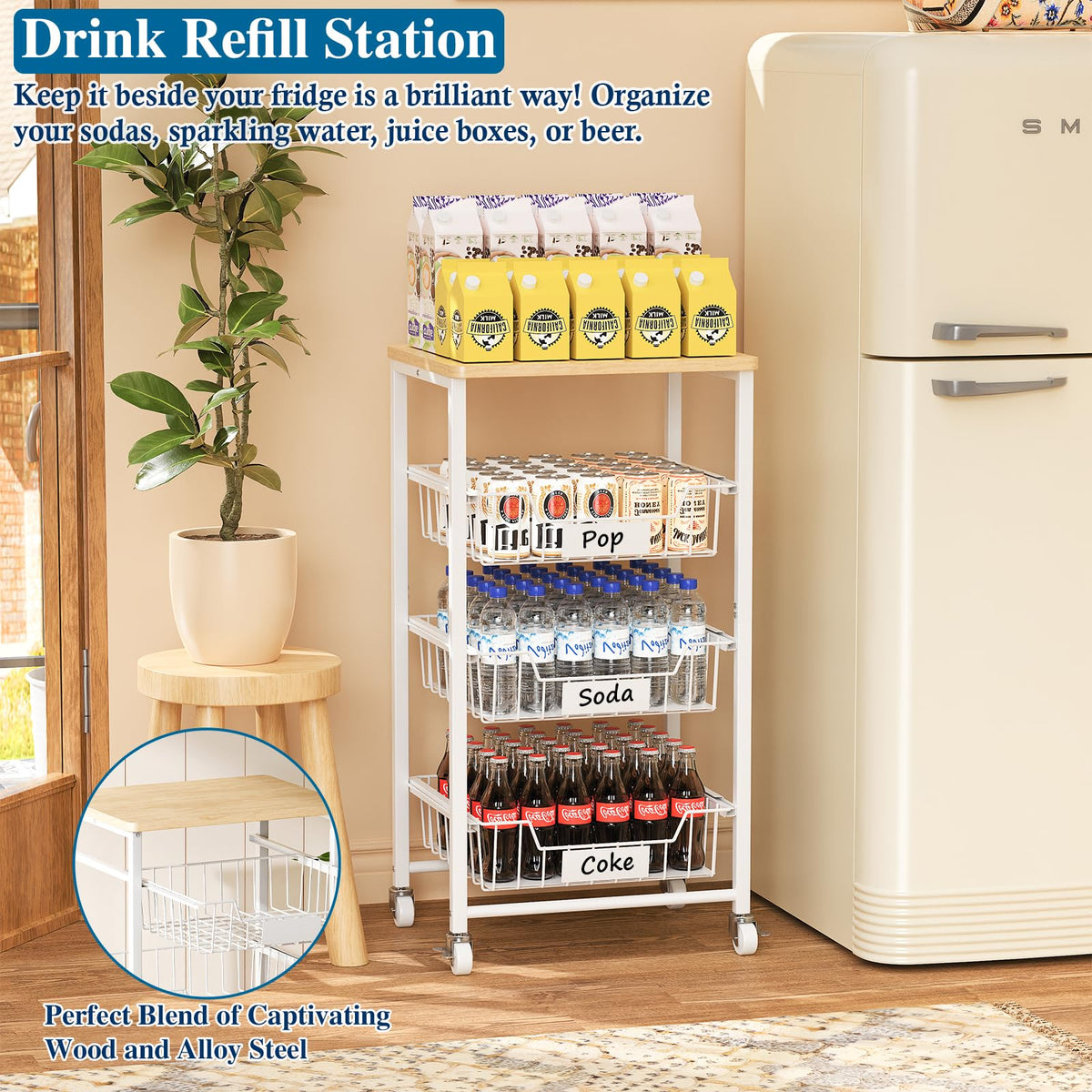 OKZEST 4-Tier Kitchen Storage Cart with 3 Upgraded Drawer Basket & Wood Top