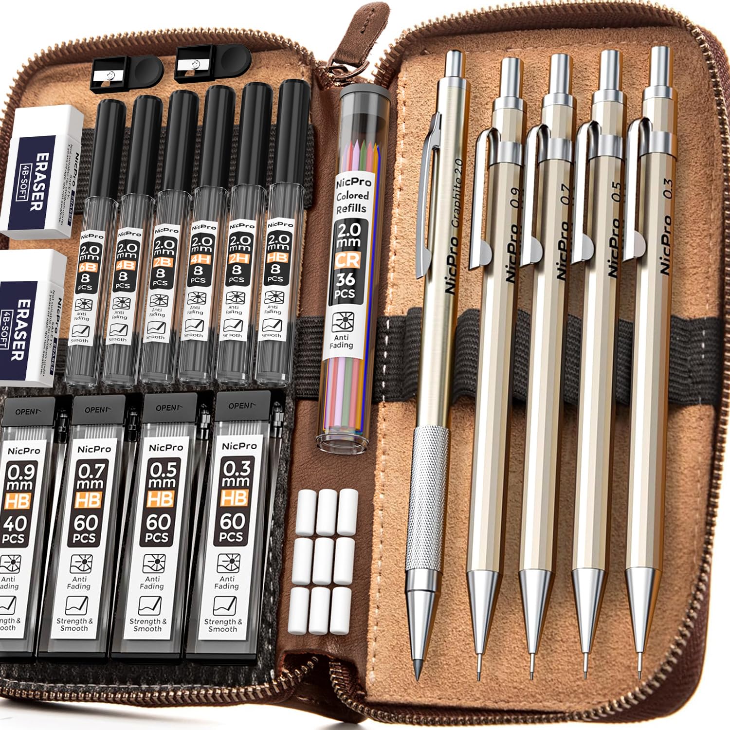 29PCS Metal Mechanical Pencil Set, Professional Drawing Kit in Leather Case