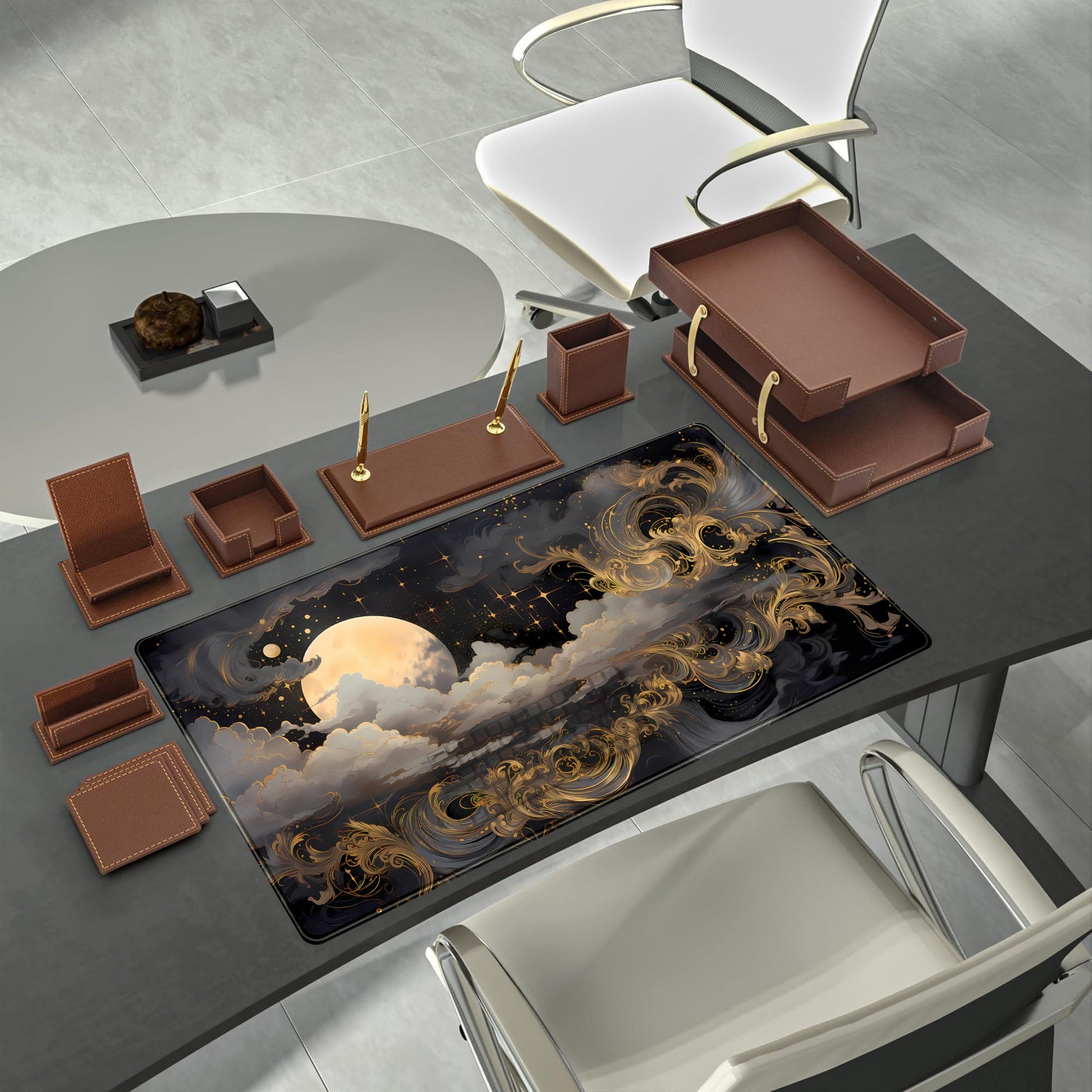 DKPXFG Golden Moon Desk Pad Black Desk Mat XXL Mouse Gaming Pads, Starry Sky Keyboard Pads Extra