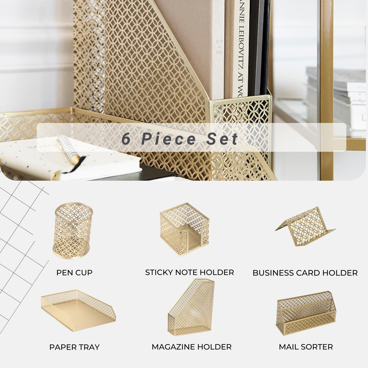 BLU MONACO | Gold Desk Organizer Set with Mail Sorter, Sticky Note Holder, Pen Cup, Magazine
