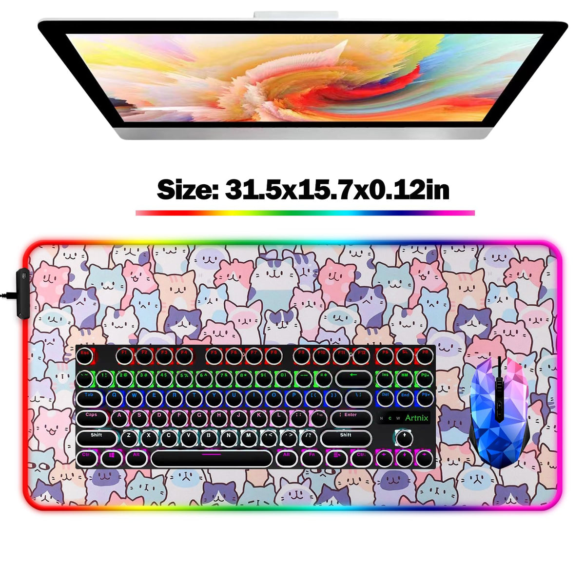 JIANG100 RGB Cute Kawaii Cat Gaming Desk Mat & Mouse Pad, XL, Pink