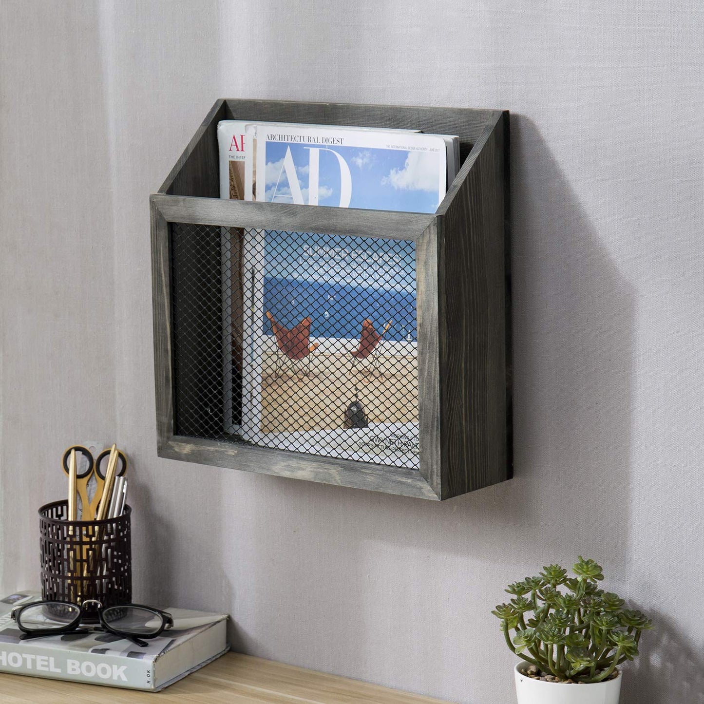 MyGift Vintage Gray Wood Magazine Holder, Chicken Wire Mail Sorter