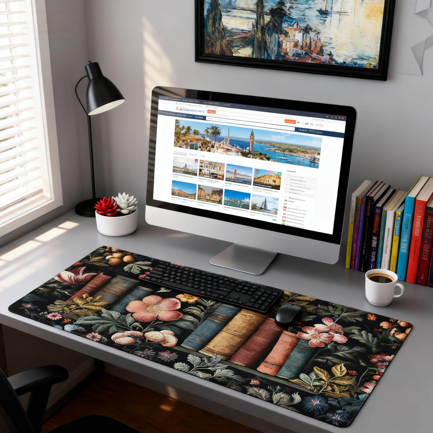 Dark Academia Desk Mat, Floral & Book Pattern XXL Mouse Pad with Anti-Slip Base & Stitched Edges