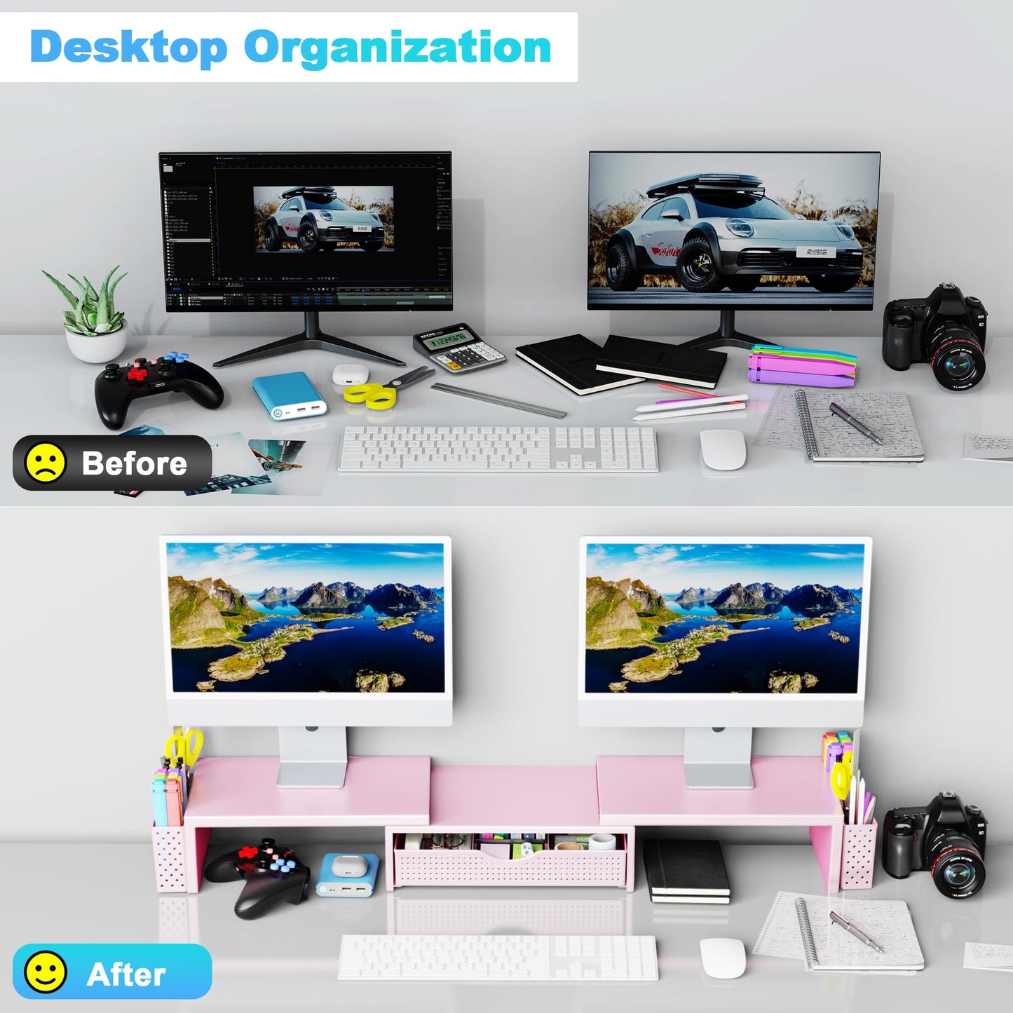 Spacrea Dual Monitor Stand Riser with Drawer and 2 Pen Holders